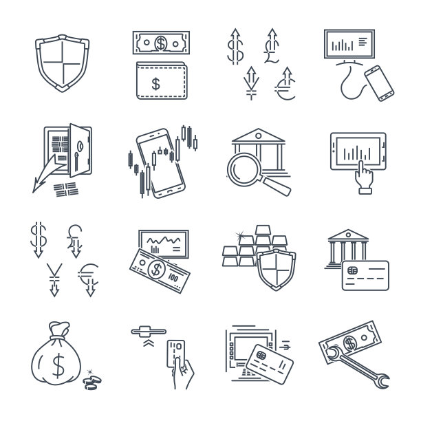 一套细线图标商业，金融，金钱，ATM机图片下载