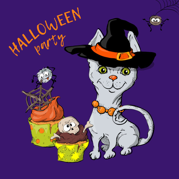 卡通可爱的猫角色在女巫的帽子与头骨蛋糕和万圣节。图片下载