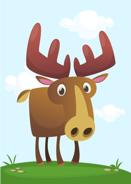 滑稽可爱的卡通麋鹿人物站在草地的背景与草蘑菇和鲜花。矢量麋鹿插图孤立。图片下载