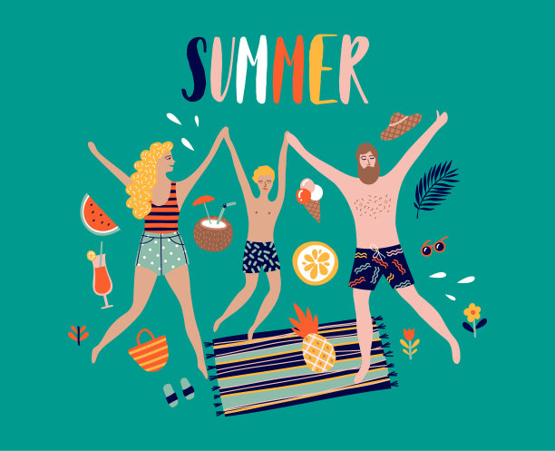 夏季波普艺术插图与幸福的家庭。热带海滩。排版矢量插图。图片下载