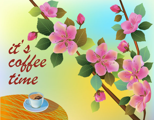 春光明媚，樱花盛开。春天桌上的咖啡。喝咖啡的时间到了。图片下载