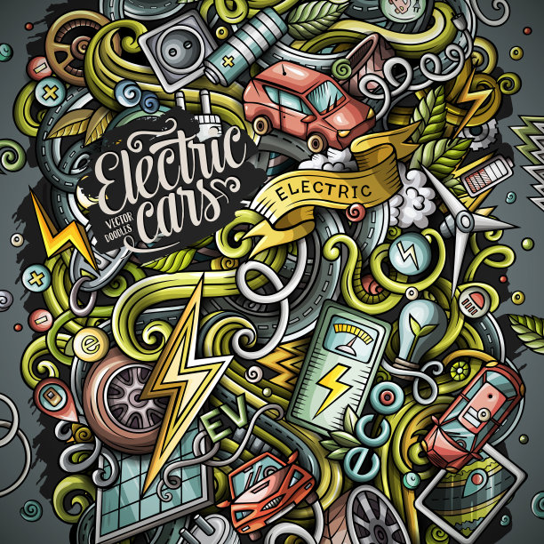 卡通矢量涂鸦电动汽车插图图片下载