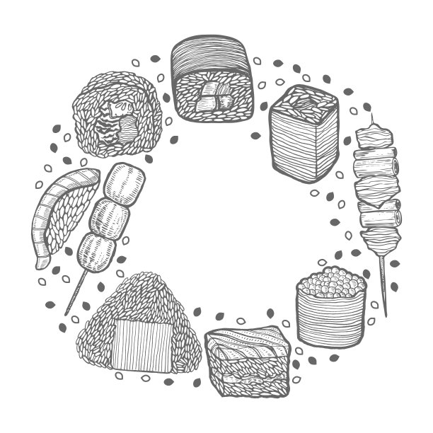 圆构图与日本食物手绘风格图片下载