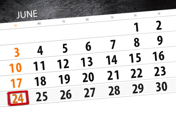 日历计划的月，截止日的一周，周日，2018年6月24日图片下载