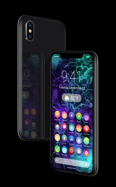 悬停黑色智能手机与材料设计平面UI界面图片下载