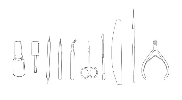 修指甲的工具。一套物品:指甲油，修指甲剪刀，镊子，镊子，点和指甲锉。图片下载