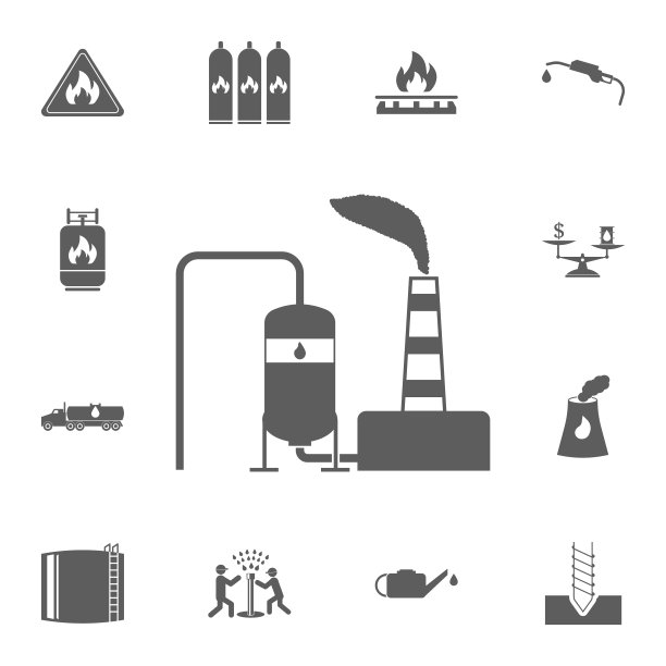 炼油厂图标。详细的一套油图标。优质的平面设计标志。收藏图标之一的网站，网页设计，移动应用程序图片下载