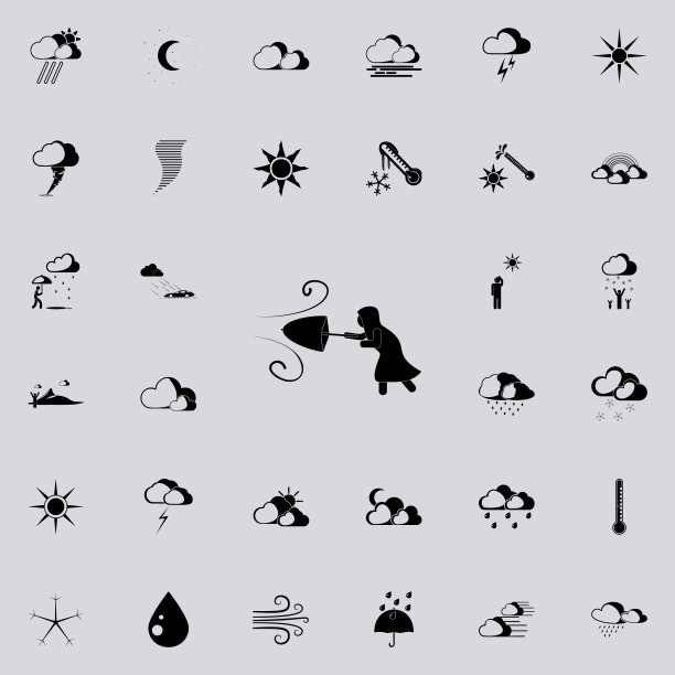 女人在风标志图标。天气图标的详细设置。优质的平面设计标志。收藏图标之一的网站，网页设计，移动应用程序图片下载