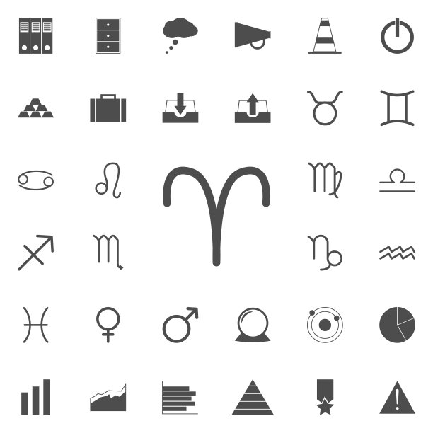 白羊座:星座。详细设置的极简图标。优质的平面设计标志。收藏图标之一的网站，网页设计，移动应用程序图片下载