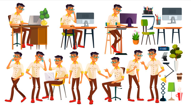 上班族向量。泰国,越南。面对情感,手势。动画元素。姿势。在行动。成年男性业务。成功的公司管理人员、职员、仆人。孤立的插图图片下载