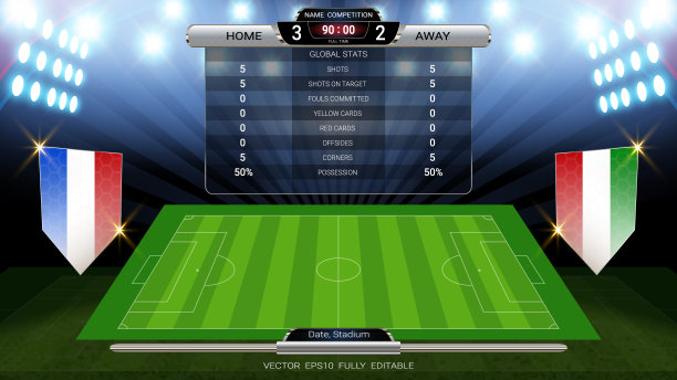 由聚光灯照亮的记分牌和足球场，全球统计广播带有旗帜的图形足球模板，用于展示比赛结果(EPS10矢量完全可编辑)图片下载