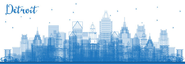 用蓝色建筑勾勒出底特律和密歇根的天际线。图片下载