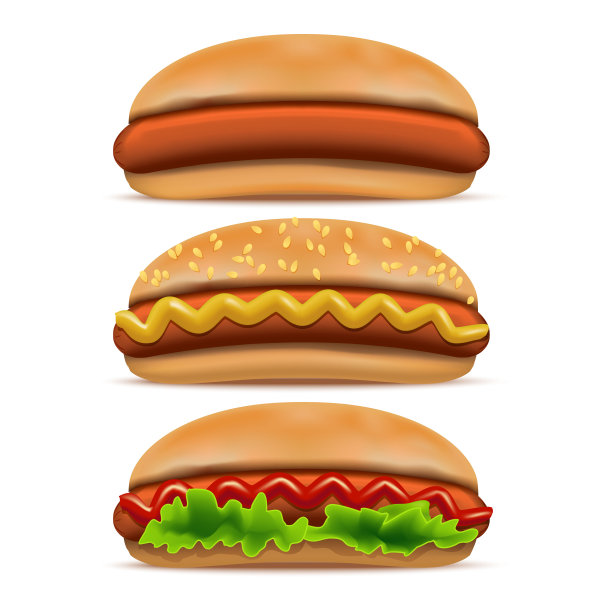 逼真的详细3d热狗快餐设置。向量图片下载