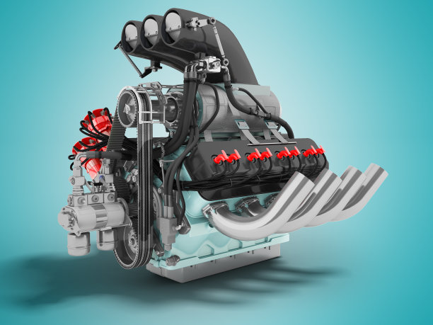 现代灰色汽车V发动机与涡轮与蓝色插入3d渲染在蓝色背景与阴影图片下载