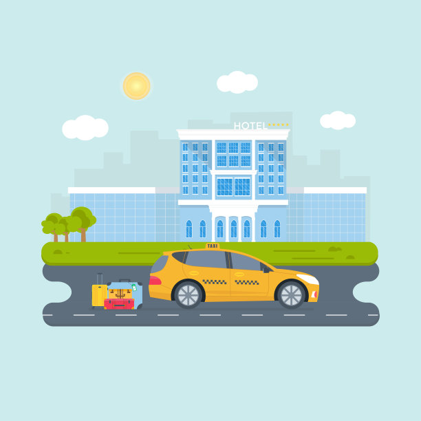 旗帜与机器黄色出租车在城市。公共出租车服务公司图片下载