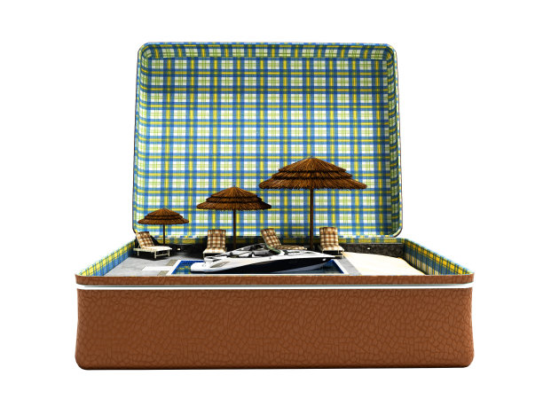 现代概念的放松在沙滩上的手提箱3D渲染在白色的背景上没有阴影图片下载