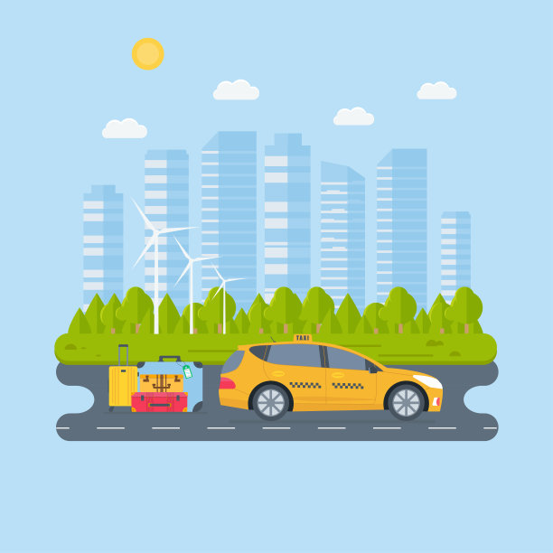 旗帜与机器黄色出租车在城市。公共出租车服务公司图片下载