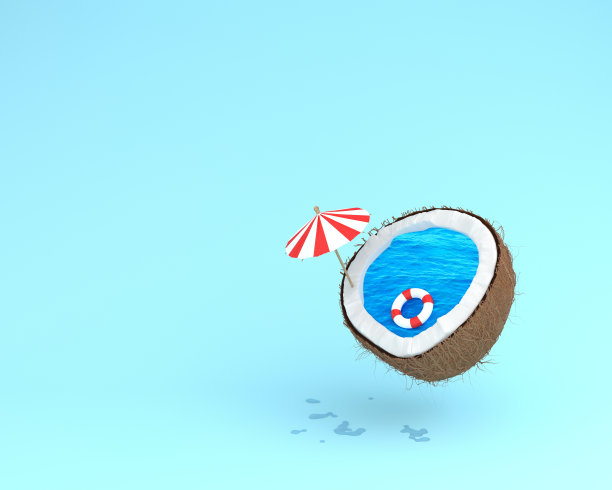 热带海滩概念由椰子与游泳池浮和太阳伞在蓝色柔和的背景。最小的夏季创意。图片下载