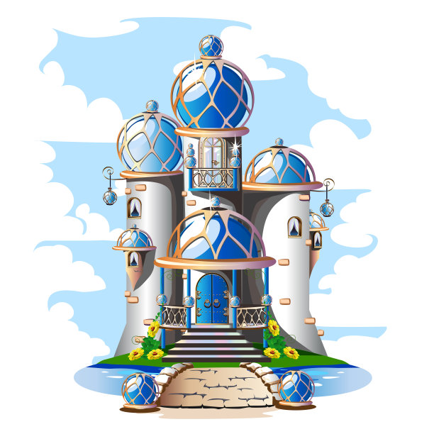 童话般的城堡，蓝色的穹顶，阳台和水晶图片下载