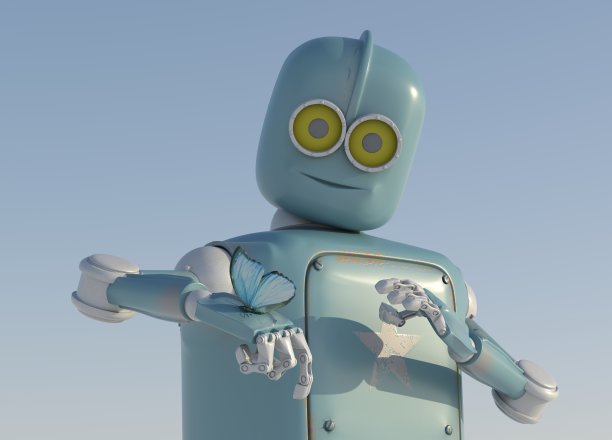 机器人和蝴蝶在手上一个蓝色的背景。复古玩具和自然图片下载