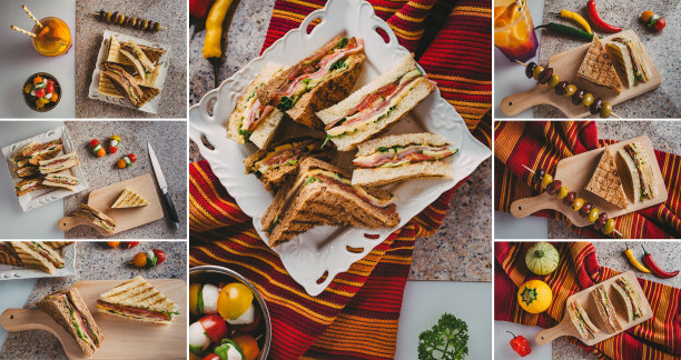 火腿，意大利腊肠，烟熏牛肉，芝士，生菜和芝麻菜。前视图。卡普里沙拉。新鲜的柠檬水。套装照片的拼贴画。图片下载