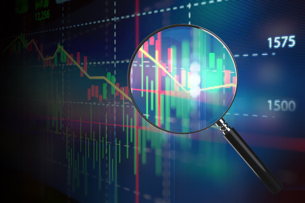 金融图表背景上的放大镜 3D插图图片下载