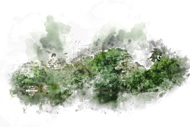 美丽的树景观和田野水彩插画背景。图片下载