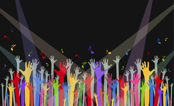 背景与歌迷的手，笔记和灯光音乐会，表演和亮相。图片下载