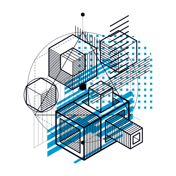 抽象等距背景，三维矢量布局。由立方体、六边形、正方形、长方形和不同的抽象元素组成。图片下载