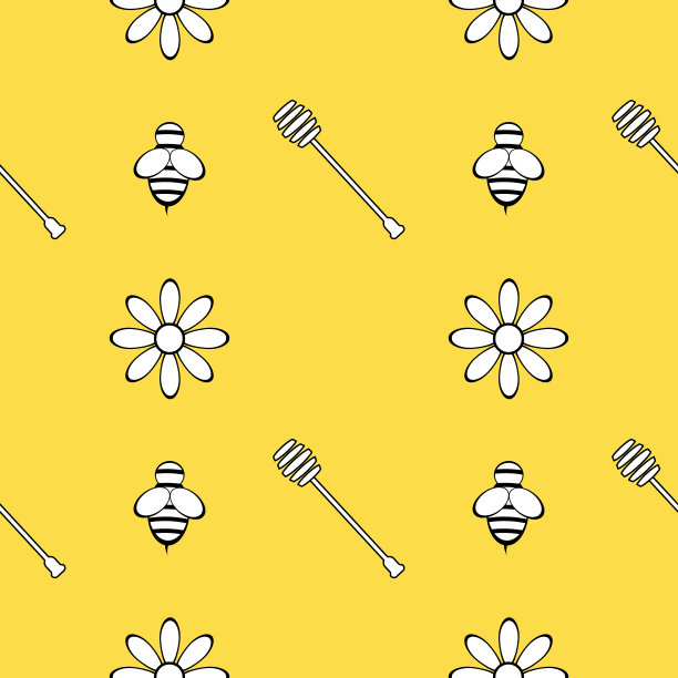 无缝图案与蜂蜜，蜜蜂和花朵。设计元素。矢量插图。图片下载