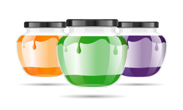 现实透明玻璃罐与果酱，配置或酱。保护包装。果酱的标签和标志。模拟罐与设计标签或徽章。矢量插图。图片下载
