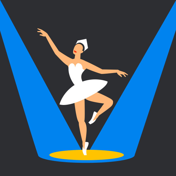 舞台上的芭蕾舞演员。芭蕾舞演员在最精彩的地方跳舞。平面风格的图像在一个黑暗的背景图片下载