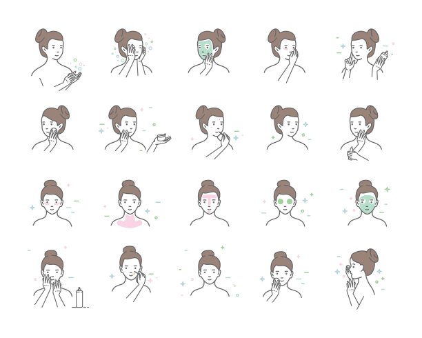 女人很在乎脸。使用面部精华液的步骤。矢量孤立插图集。素材图片
