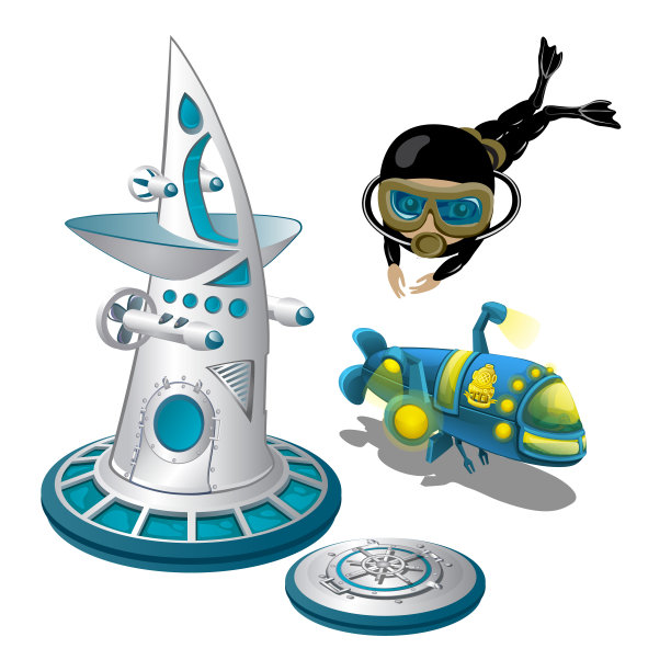 水下研究站和潜水员隔离在白色背景。海床研究设备。矢量图图片下载