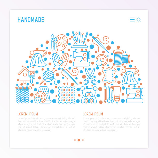 手工概念在半圆与细线图标:缝纫机，针织，刺绣，绘图，刺绣，剪刀，线，纱，针。矢量插图，模板车间，打印媒体。图片下载