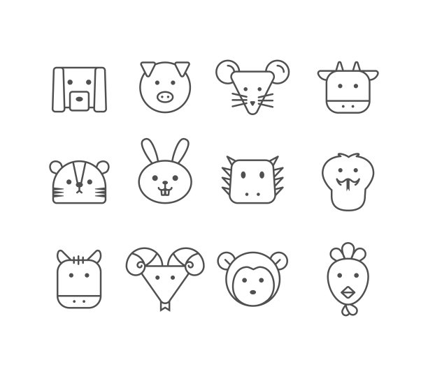 简单的一套向量细线图标中国十二生肖图片下载