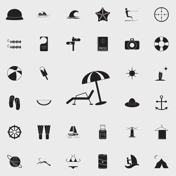 海滩躺椅和伞的图标。详细的一套夏季快乐图标。优质的平面设计标志。收藏图标之一的网站，网页设计，移动图片下载