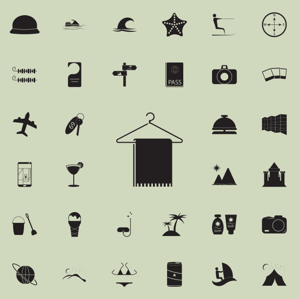 毛巾挂在衣架图标。详细的一套夏季快乐图标。优质的平面设计标志。收藏图标之一的网站，网页设计，移动应用程序图片下载