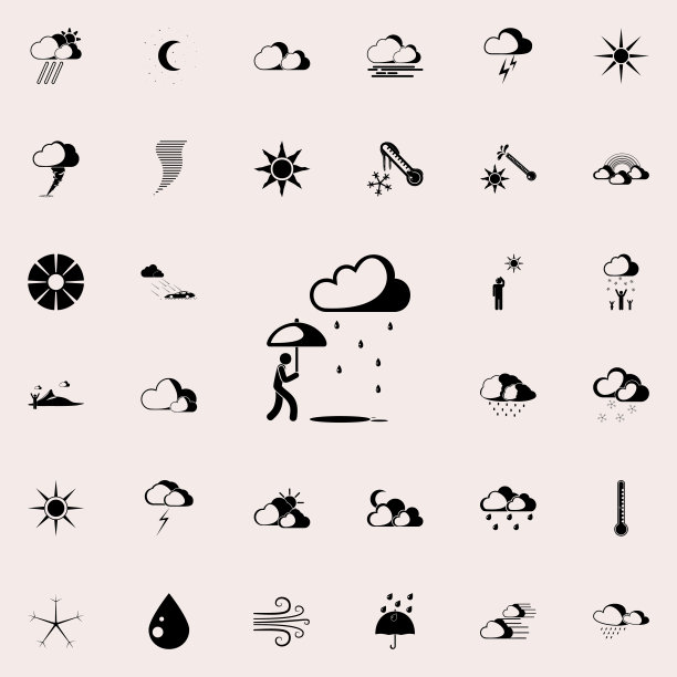 男人在雨中打着伞的标志。天气图标的详细设置。优质的平面设计标志。收藏图标之一的网站，网页设计，移动应用程序图片下载