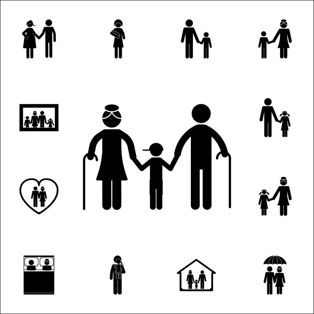 老两口牵着孙子的手。详细的家庭图标集。优质的平面设计标志。收藏图标之一的网站，网页设计，移动应用程序图片下载