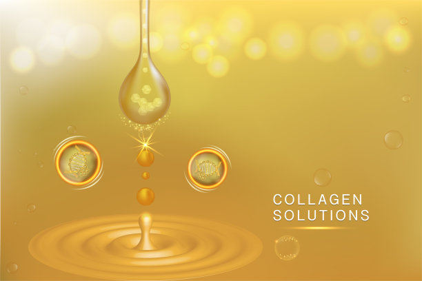 黄金胶原蛋白滴液，化妆品广告背景即用，奢侈护肤广告图片下载