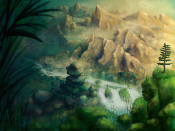 广阔而梦幻的环境风景，山中有河，鸟在飞-数字绘画图片下载