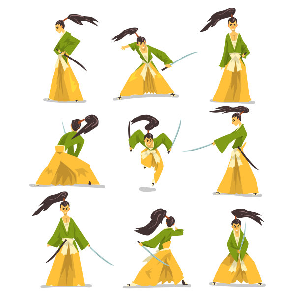 武士卡通人物设置，日本武士在传统服装与武士刀矢量图上的白色背景战斗图片下载