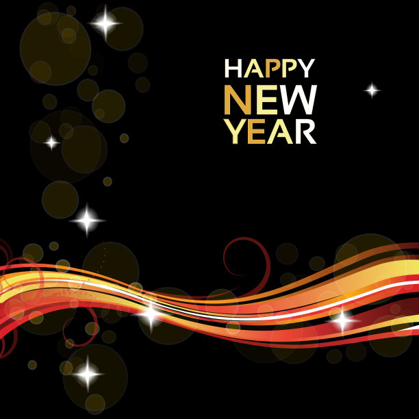 矢量新年快乐-发光的灯在抽象的黑色背景与红色装饰波图片下载