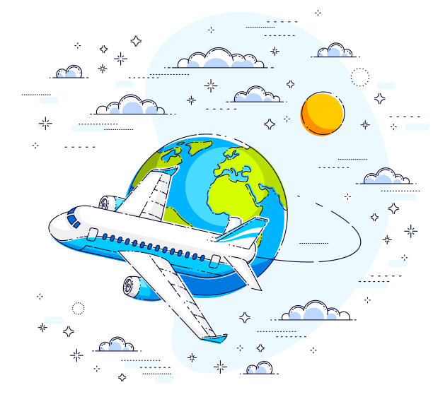 航空公司航空旅行插图飞机客机和行星地球在天空被云包围。美丽的细线矢量孤立在白色的背景。图片下载