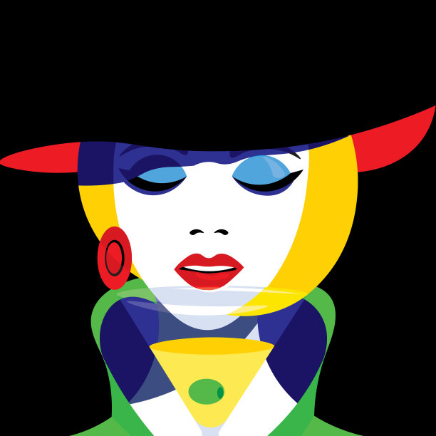 戴着波普艺术风格帽子的女孩。矢量图形。素材图片