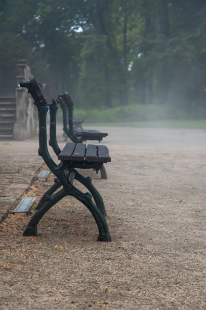 雾中的黑色长凳图片下载