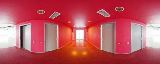 球形360度全景投影，室内空荡荡的红房间是现代公寓。图片下载