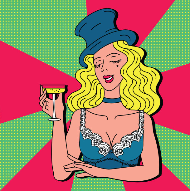 吐司女孩派对粉红复古背景流行艺术复古向量。庆祝活动和聚会。含酒精的饮料。复古的酒店女人与香槟在帽子和内衣。干杯干杯庆祝女人图片下载