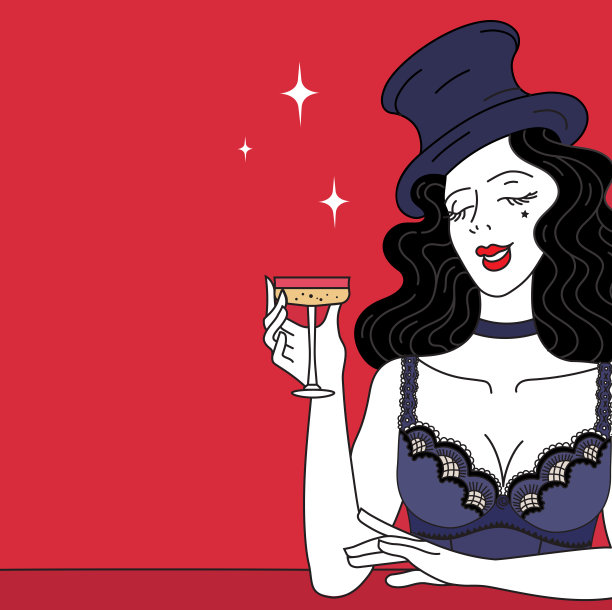 庆祝活动和聚会。香槟喝。复古横幅邀请或卡片。性感复古的歌舞表演。迷人的黑发女人在复古的帽子和内衣拿着一个古董玻璃。敬酒庆祝欢呼图片下载